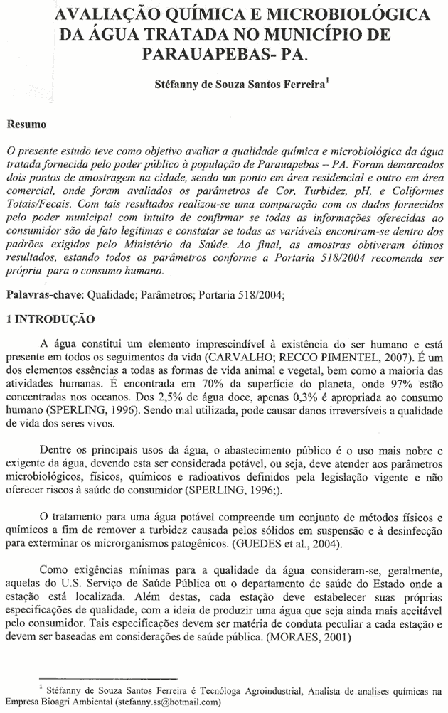 Qualidade da água distribuida em Parauapebas é tema de trabalho acadêmico