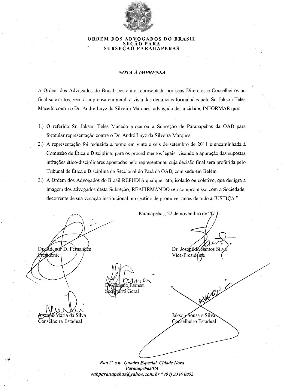 OAB Parauapebas emite nota à a imprensa