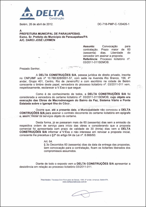 Of&iacute;cio da Delta Constru&ccedil;&atilde;o comunicando desist&ecirc;ncia de executar obra em Parauapebas