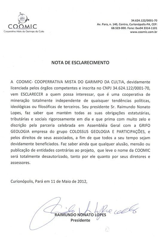 COOMIC: Nota de esclarecimento