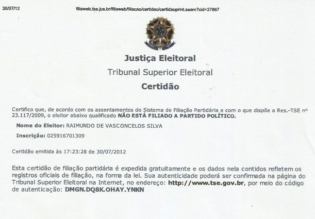 Certid&atilde;o emitida pelo TSE confirma n&atilde;o filia&ccedil;&atilde;o do vereador Raimundo de Vasconcelos