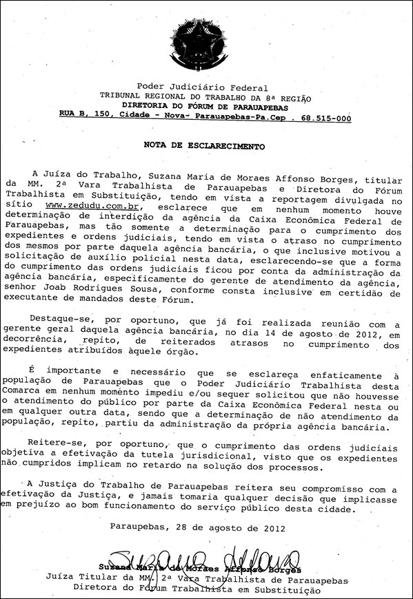 Nota de esclarecimento do F&oacute;rum Trabalhista em Parauapebas