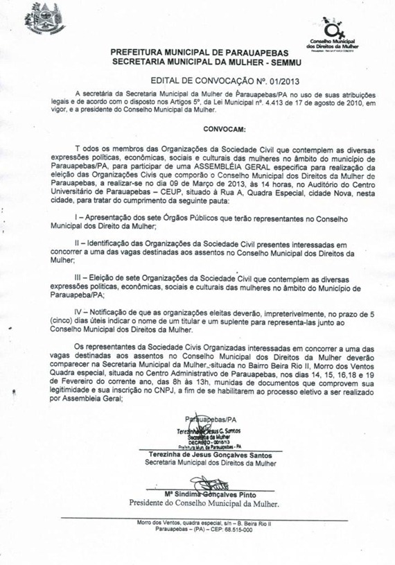 EDITAL DE CONVOCA&Ccedil;&Atilde;O N&ordm;01-2013