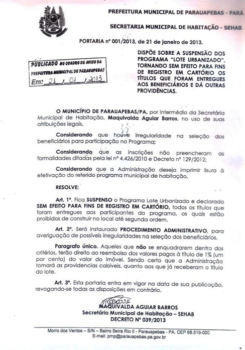 Veja a Portaria que suspendeu por 90 dias o Programa Lote Urbanizado em Parauapebas