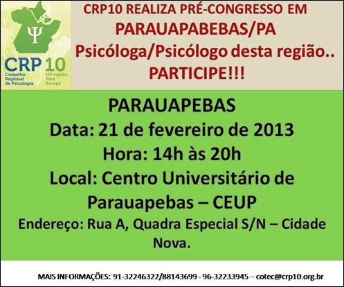 Pr&eacute;-congresso de psic&oacute;logos em Parauapebas