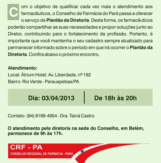 Conselho Regional de Farm&aacute;cia oferecer&aacute; servi&ccedil;o de plant&atilde;o da diretoria em Parauapebas no dia 03