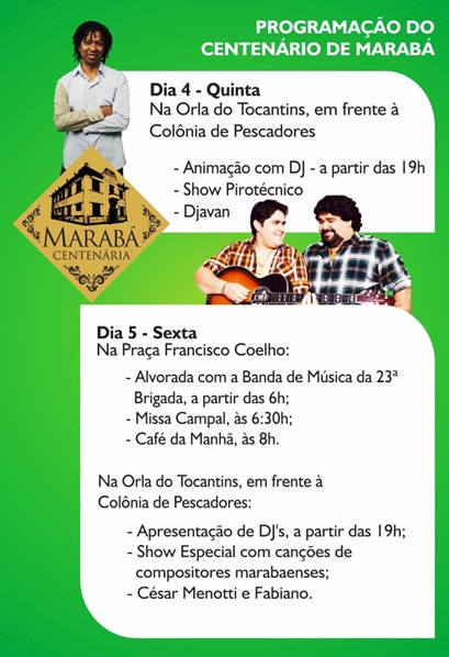 Centen&aacute;rio de Marab&aacute; ter&aacute; Djavan hoje e C&eacute;sar Menotti e Fabiano amanh&atilde;