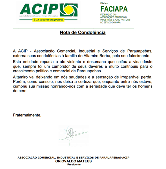 ACIP: Nota de condol&ecirc;ncias