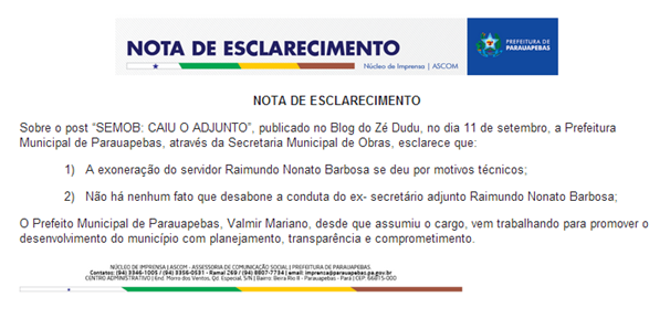 Prefeitura de Parauapebas esclarece exonera&ccedil;&atilde;o do adjunto da Semob