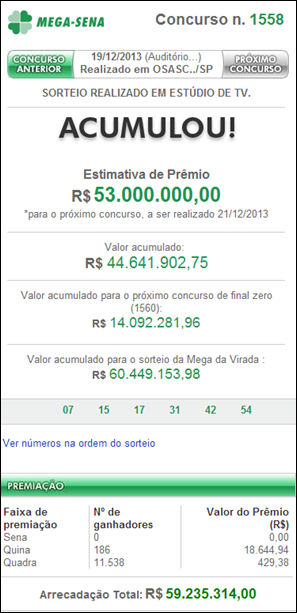 Resultado da Mega-Sena 1558 &ndash; Acumulou R$53.000.000,00