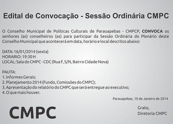 Conselho Municipal de Pol&iacute;ticas Culturais de Parauapebas : Convoca&ccedil;&atilde;o