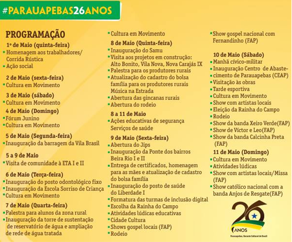 Prefeitura divulga programa&ccedil;&atilde;o oficial para o 26&ordm; Anivers&aacute;rio de Parauapebas