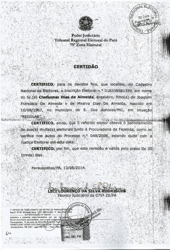 Claudio Almeida apresenta certidão de quitação eleitoral. O Blog ratifica as informações de inelegibilidade.