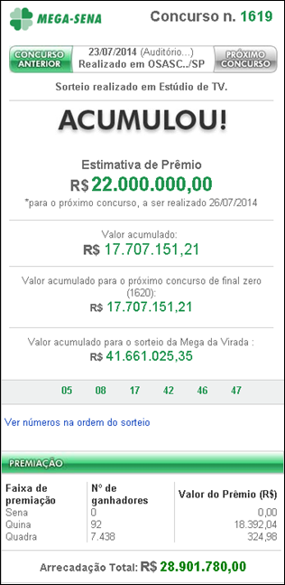 Resultado da Mega-Sena 1619 &ndash; Acumulou R$22 milh&otilde;es