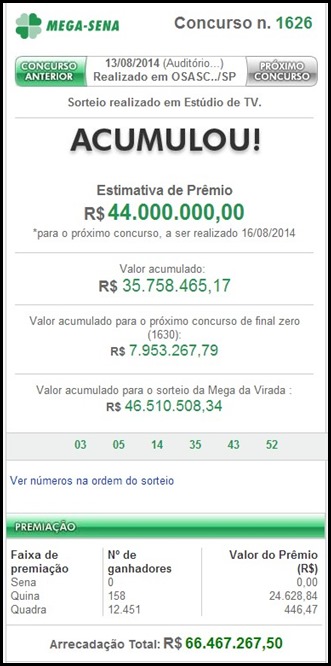Resultado da Mega-Sena 1626 &ndash; acumulou