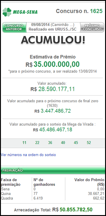 Resultado da Mega-Sena 1625 &ndash; acumulou