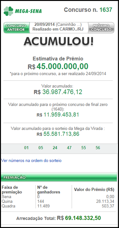 Resultado da Mega-Sena 1637 &ndash; acumulou