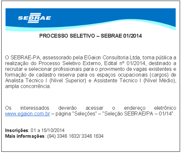 Processo Seletivo Sebrae para o Par&aacute;
