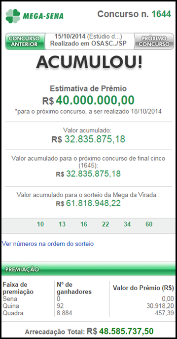 Resultado da Mega Sena 1644 &ndash;Acumulou