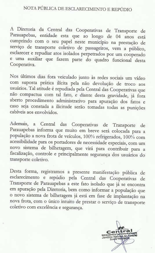 Em nota, Central das Cooperativas de Transporte repudia atos de cooperados em rela&ccedil;&atilde;o ao troco em Parauapebas