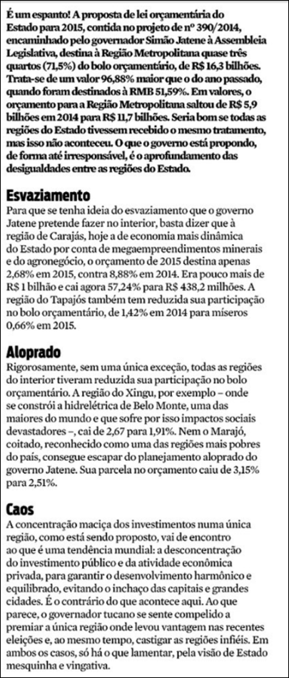 Coluna Rep&oacute;rter Di&aacute;rio e a Proposta de Lei Or&ccedil;ament&aacute;ria do Par&aacute; para 2015