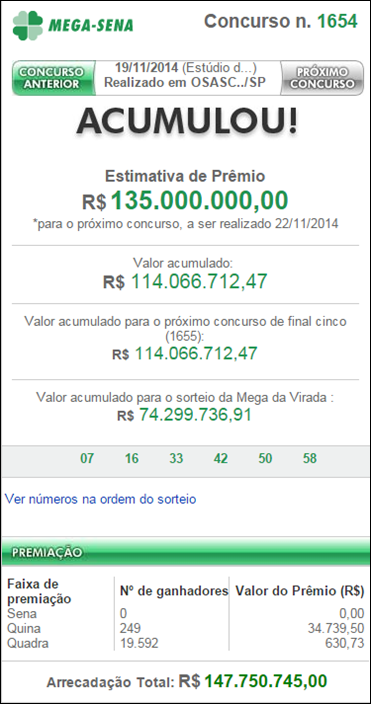 Resultado da Mega-Sena 1654 &ndash; Acumulou R$135 milh&otilde;es