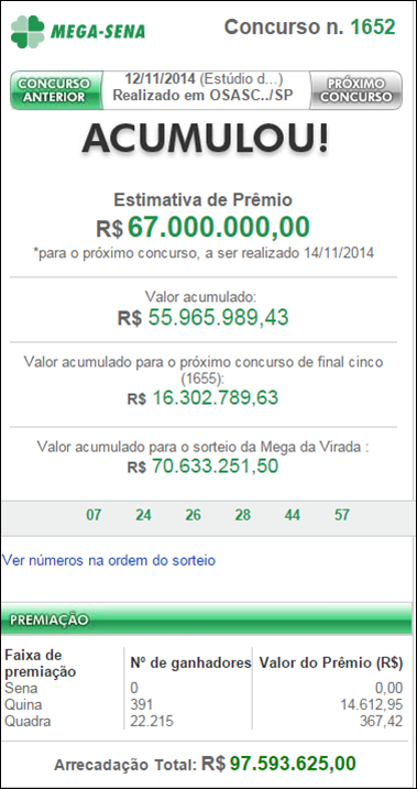 Resultado da Mega-Sena 1652 &ndash; Acumulou R$67 milh&otilde;es