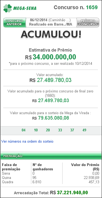 Resultado da Mega-Sena 1659 &ndash; Acumulou R$34 milh&otilde;es