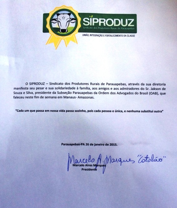 Sindicato dos Produtores Rurais de Parauapebas emite nota de pesar pela morte do advogado Jakson Silva