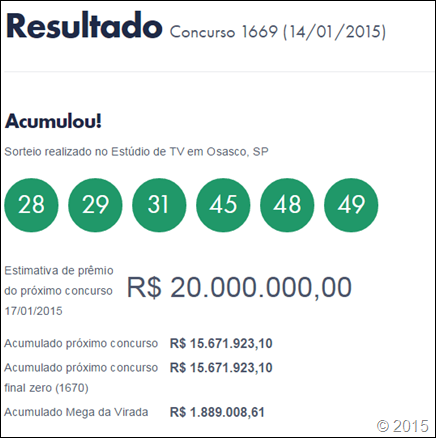 Resultado da Mega-Sena 1669 &ndash; Acumulou R$20 milh&otilde;es