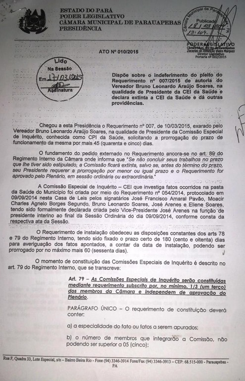 Comiss&atilde;o Especial de Inqu&eacute;rito da Sa&uacute;de em Parauapebas perde prazo para prorroga&ccedil;&atilde;o e &eacute; extinta pela mesa diretora