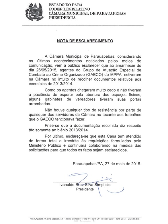 Nota de esclarecimento da C&acirc;mara Municipal de Parauapebas