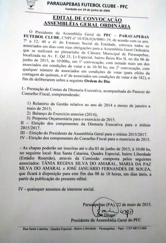 Parauapebas Futebol Clube divulga edital de convoca&ccedil;&atilde;o de associados. Presta&ccedil;&atilde;o de contas e elei&ccedil;&atilde;o s&atilde;o as pautas