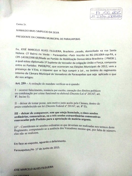 PMDB e suplente de vereador pedem, ao presidente da C&acirc;mara, provid&ecirc;ncias quanto ao afastamento do vereador Odilon San&ccedil;&atilde;o
