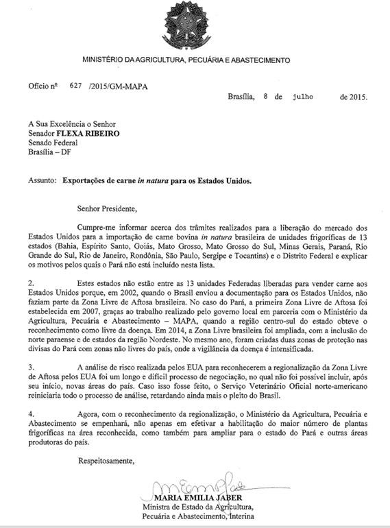 Par&aacute; dever&aacute; ser inclu&iacute;do na lista de Estados beneficiados pelo acordo de exporta&ccedil;&atilde;o de carne bovina para os Estados Unidos