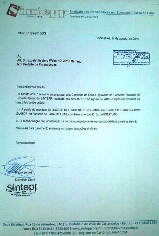 Coordenadoras geral e de finan&ccedil;as do SINTEPP, em Parauapebas, s&atilde;o afastadas dos cargos