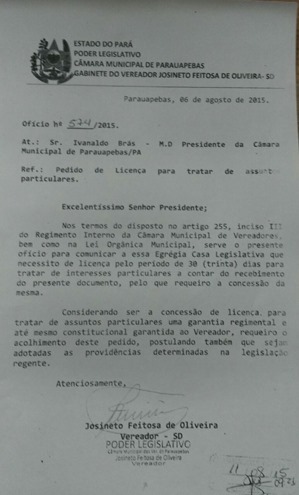Mesmo estando preso, acusado de corrup&ccedil;&atilde;o  e forma&ccedil;&atilde;o de quadrilha, C&acirc;mara de Parauapebas aprova licen&ccedil;a para o vereador Josineto Feitosa