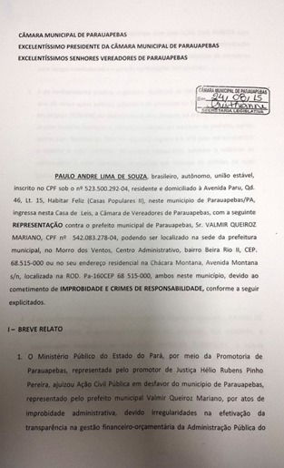 C&acirc;mara Municipal de Parauapebas: Protocolada nova representa&ccedil;&atilde;o pedindo o afastamento do prefeito Valmir Mariano