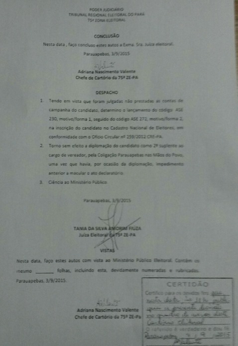 Em Parauapebas, suplente tem diploma cassado pela justi&ccedil;a eleitoral e C&acirc;mara faz nova convoca&ccedil;&atilde;o