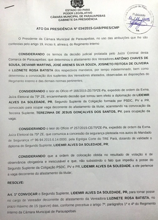 Lidemir Alves (PR) &eacute; convocado para assumir a vaga de vereador no lugar de Irm&atilde; Teca (PV)