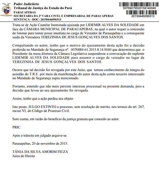 Ju&iacute;za revoga decis&atilde;o e Lidemir Soledade deve assumir em breve cadeira na C&acirc;mara de Vereadores de Parauapebas.