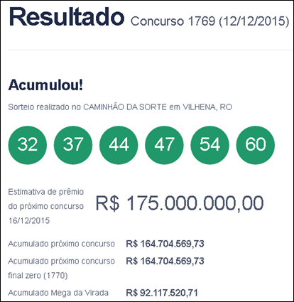 Resultado da Mega-Sena 1769 &ndash; acumulou R$ 175 milh&otilde;es