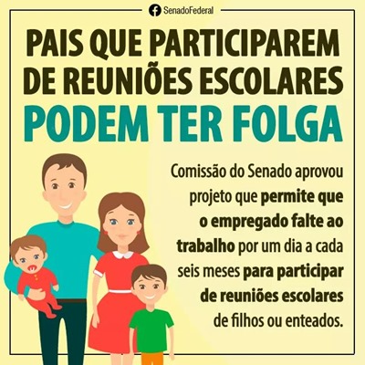 Projeto de Lei que prev&ecirc; folga aos pais que participarem de reuni&otilde;es nas escolas dos filhos segue no Senado
