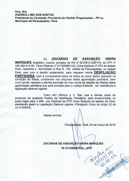 Vereador Zacarias Marques entregou hoje comunica&ccedil;&atilde;o de desfilia&ccedil;&atilde;o do Partido Progressista (PP)