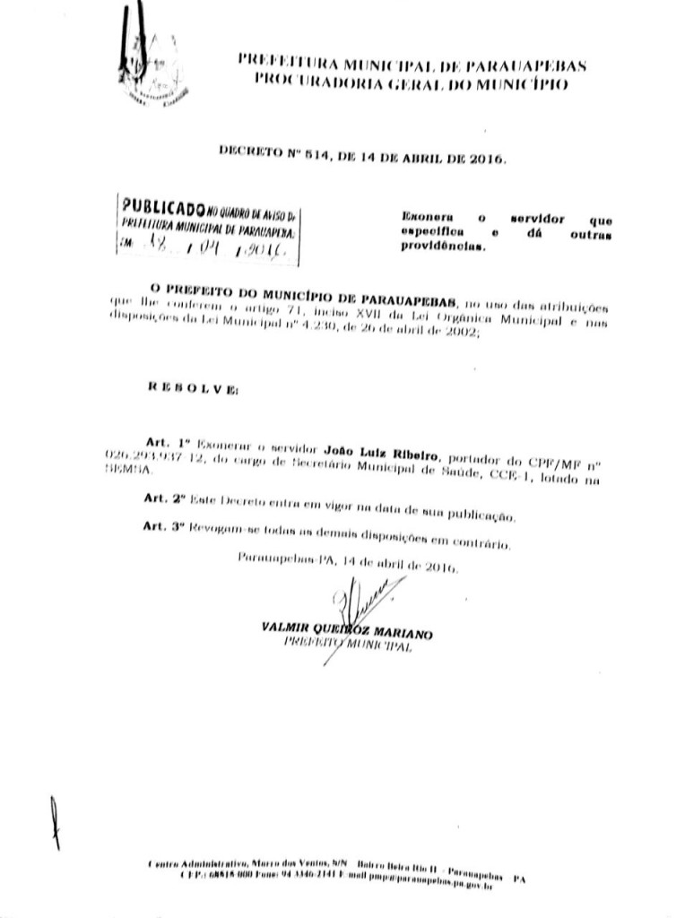 João Luiz Ribeiro não é mais o secretário de saúde de Parauapebas