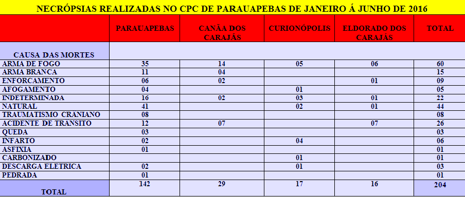 Centro de Perícias Científicas Renato Chaves realizou 204 necrópsias em Parauapebas no primeiro semestre de 2016