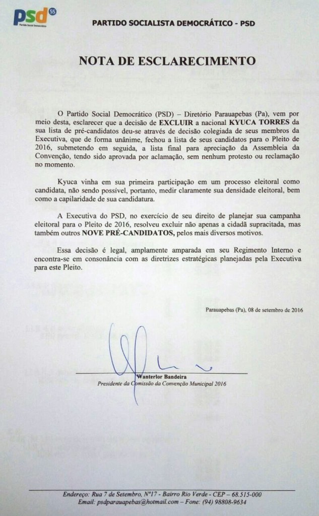Nota do Diretório do PSD sobre exclusão da pré-candidata Kyúca Torres