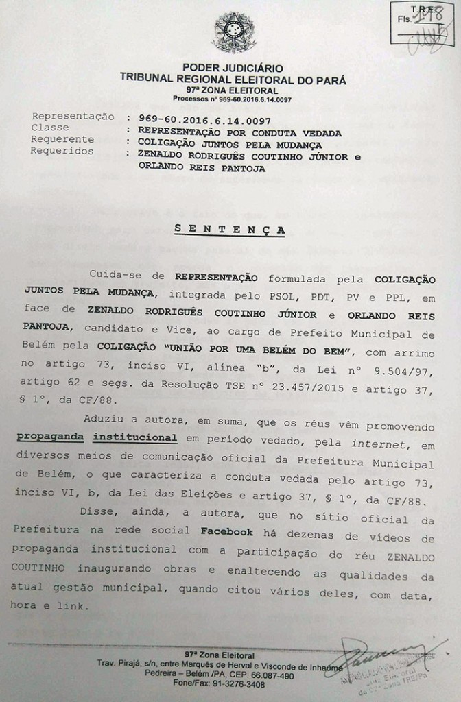 TRE cassa registro de candidatura de Zenaldo Coutinho