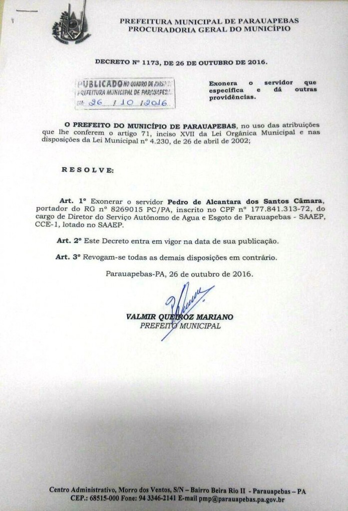 Valmir Mariano exonera gestor do SAAEP