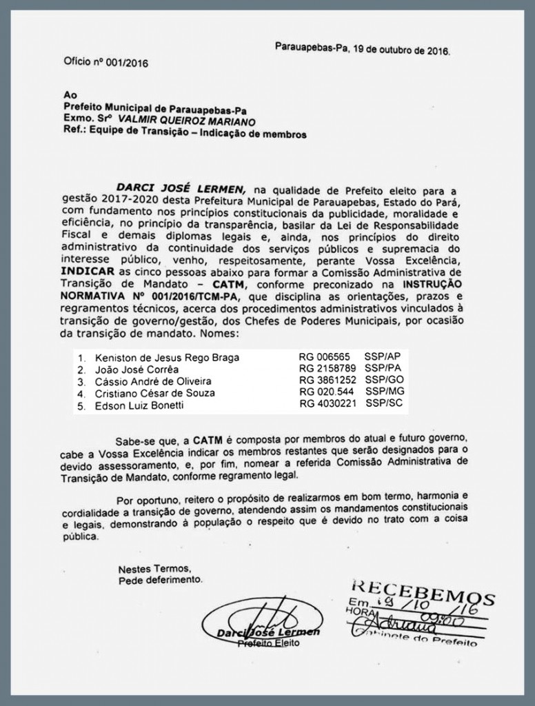 Parauapebas: prefeito eleito apresenta a Valmir Mariano os nomes para a transição de mandato